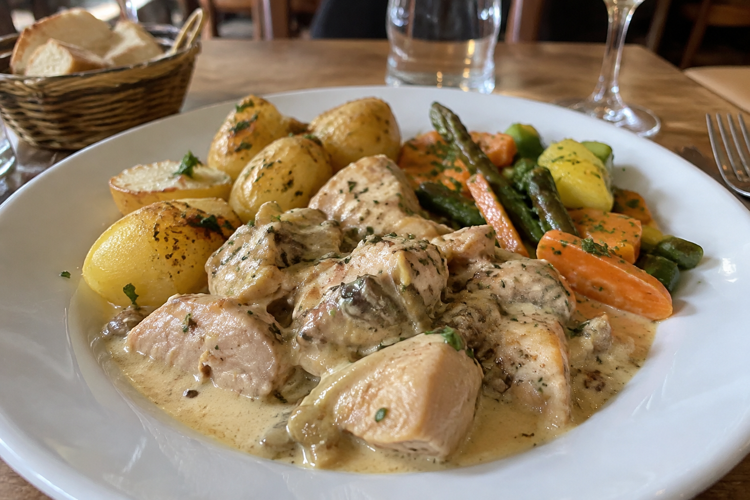 Fricassée de volaille mijotée à la crème, pommes de terre fondantes et légumes de saison