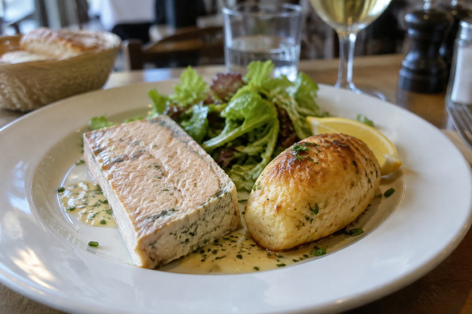 Terrine de poisson maison et sa quenelle dorée à la poêle, sur un lit de salade croquante